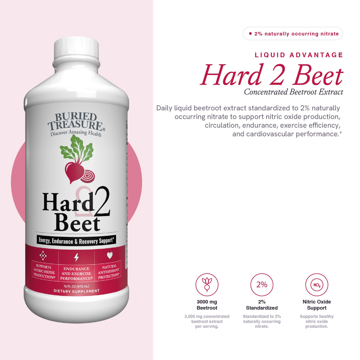 Buried Treasure Hard 2 Beet, 15:1 Concentrated Beetroot Juice Dietary Supplement, 16 oz, 48 Liquid Servings