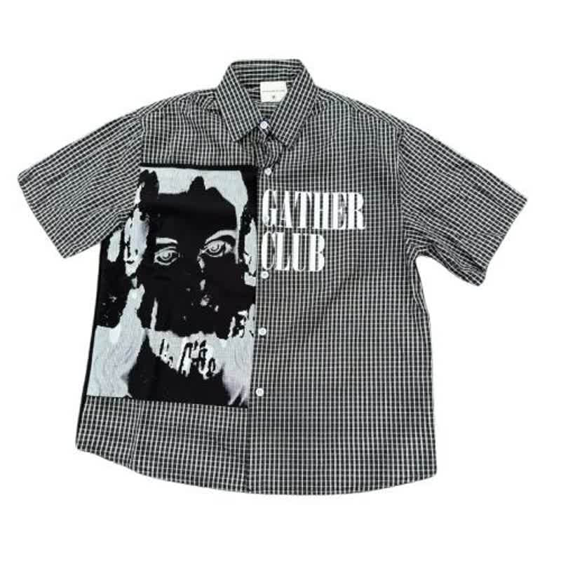 Portrait Patchwork Plaid Short Sleeve Shirt for Men