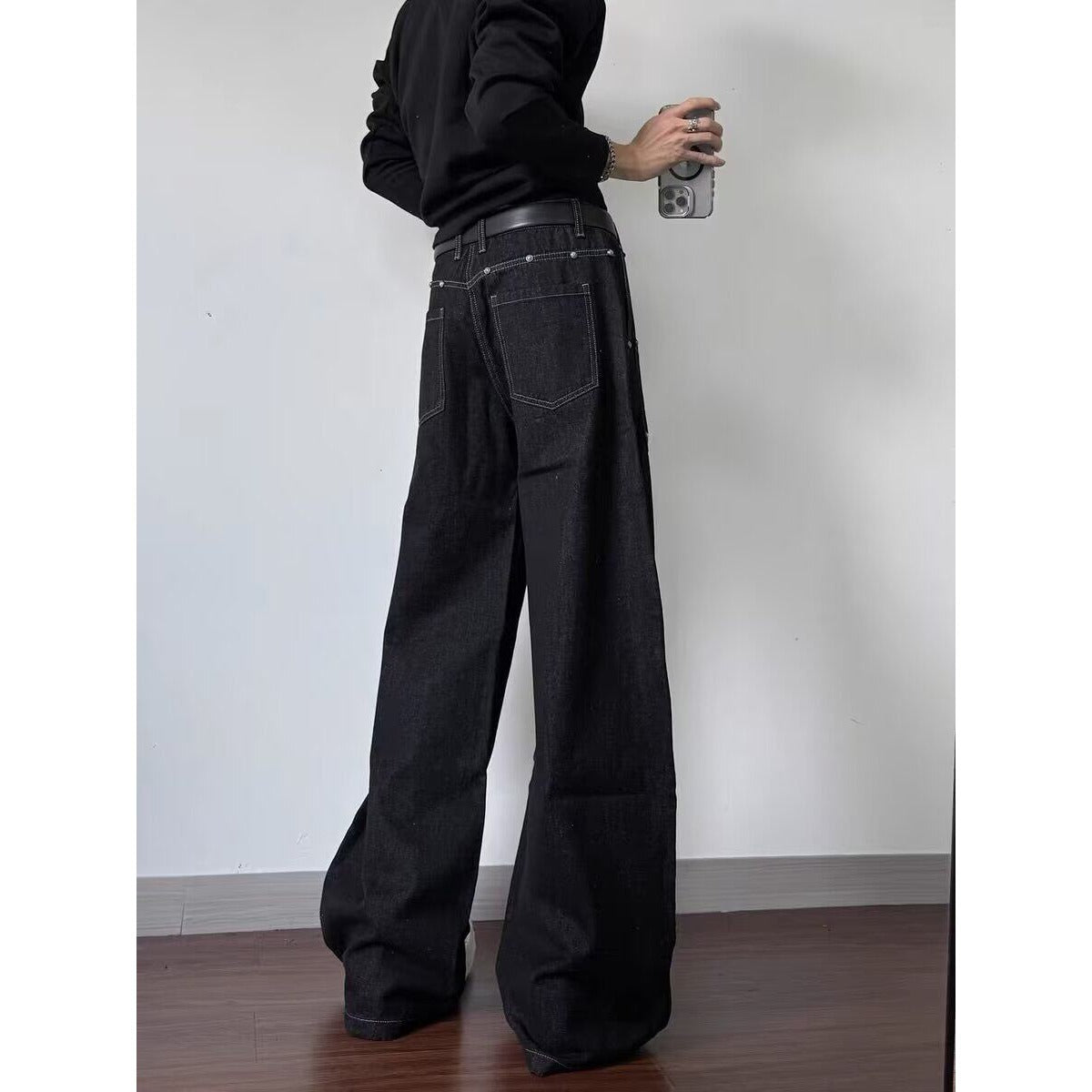 Oversized Black Knife-Edge Denim Pants Men