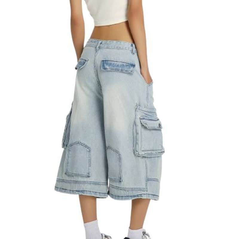Washed Distressed Wide-Leg Denim Shorts Men