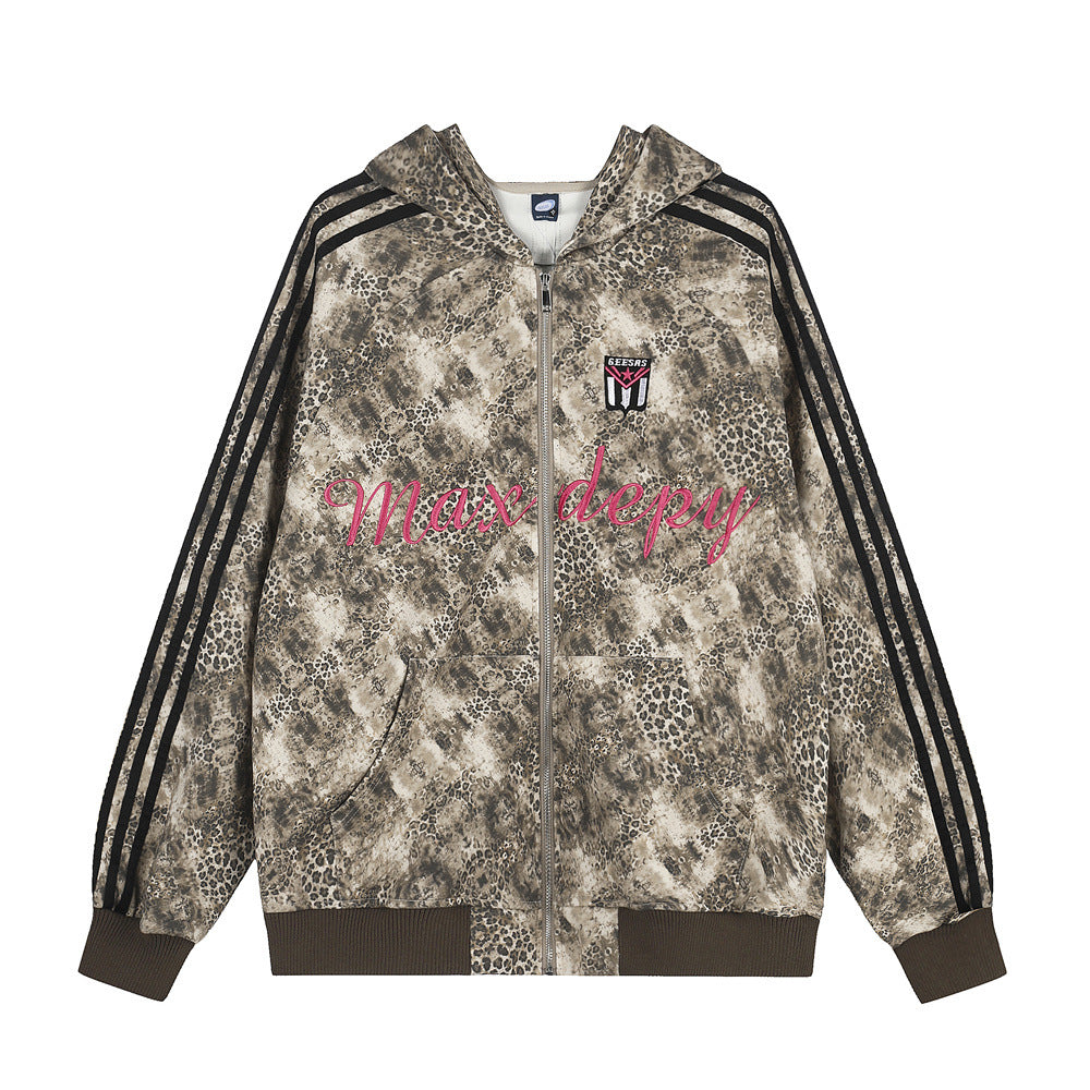 Vintage leopard print hooded sweatshirt for men