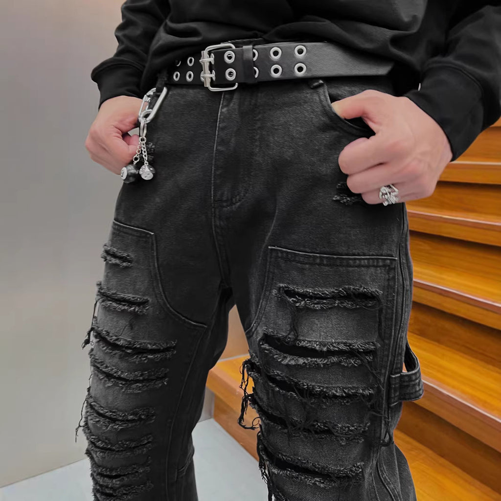 Vintage Handcrafted Distressed Denim Flare Pants for Men