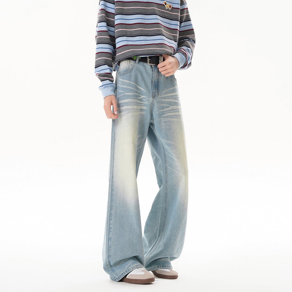 Washed Distressed Flared Denim Pants Men