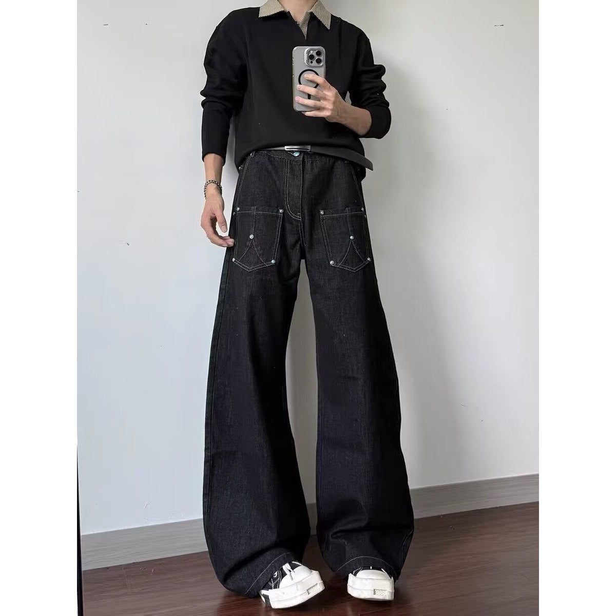 Oversized Black Knife-Edge Denim Pants Men