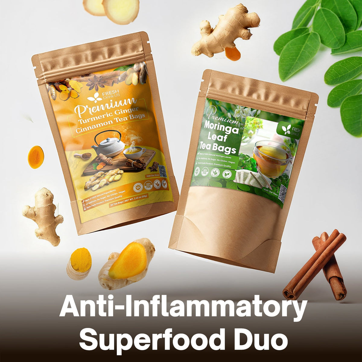 Turmeric & Moringa Wellness Duo – Turmeric Ginger Cinnamon Tea & Moringa Leaf Tea Bags for Daily Balance