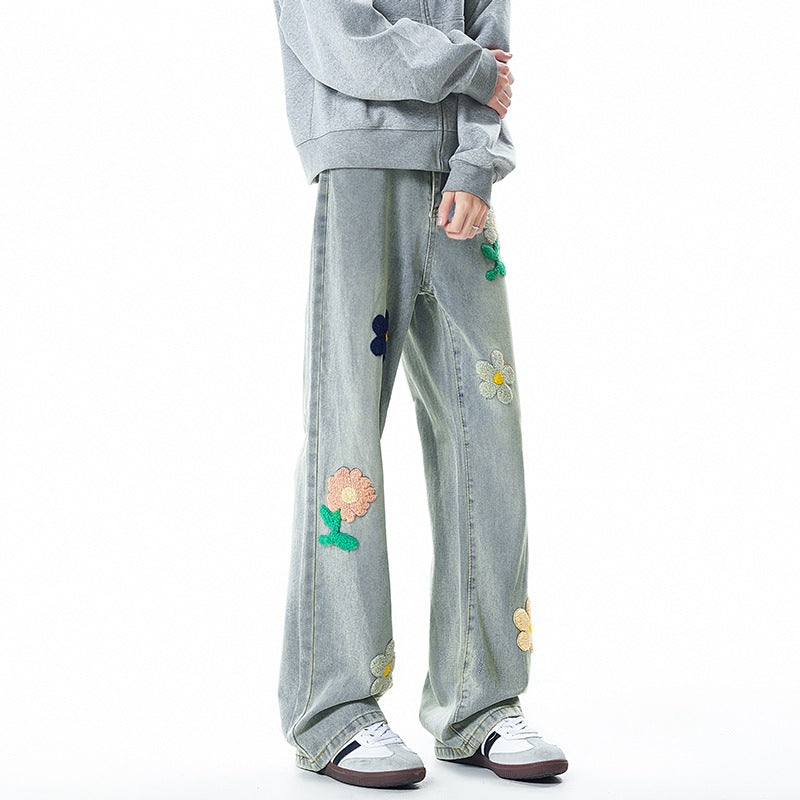 Floral Embroidered Denim Pants for Men