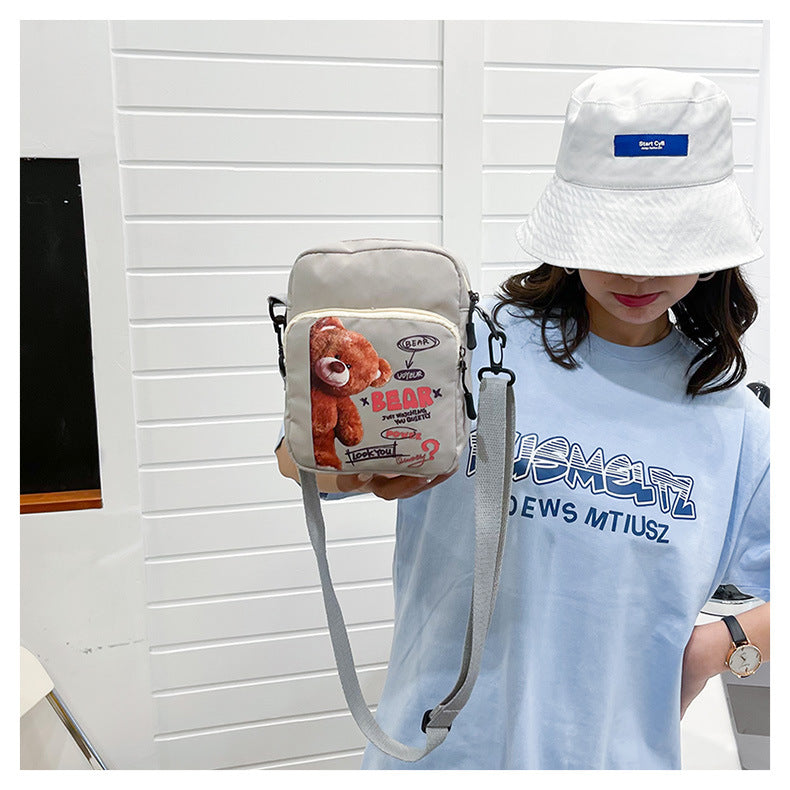 Canvas Bag Women's New Vitality Girl Student Mobile Phone Bag Japanese Cartoon Bear Shoulder Messenger Bag