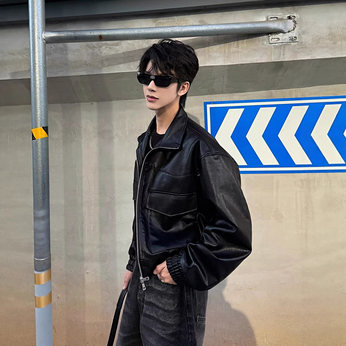 Black short leather jacket for men