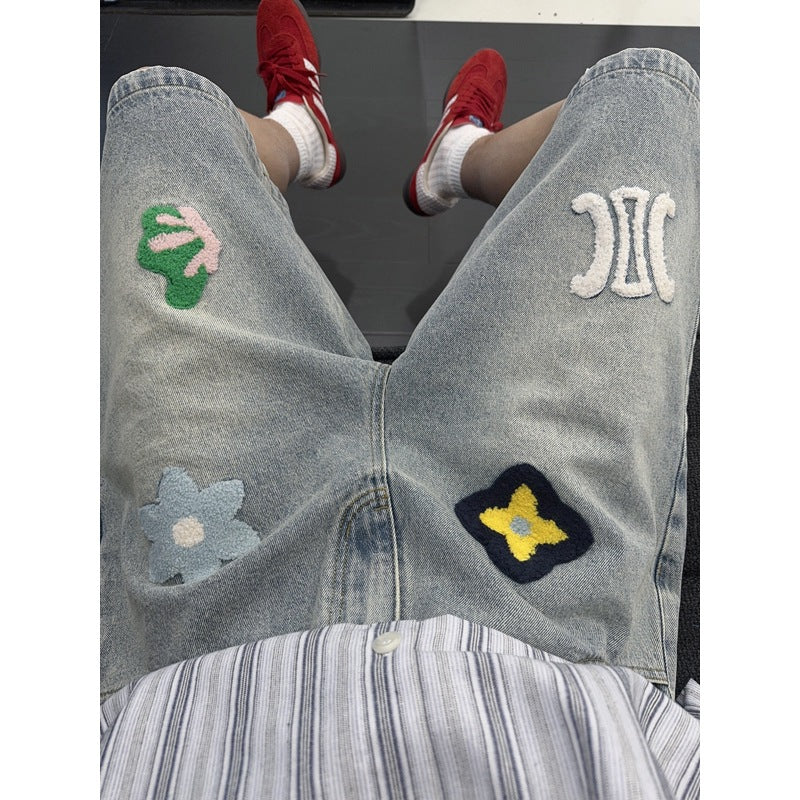 Floral Embroidery Denim Shorts for Men