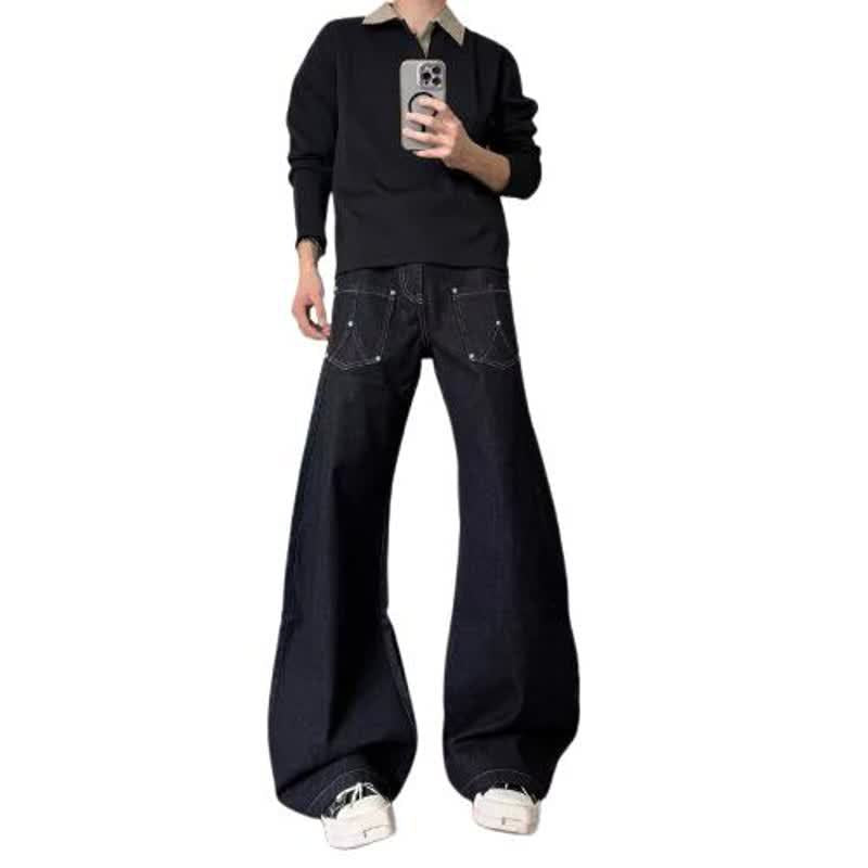 Oversized Black Knife-Edge Denim Pants Men
