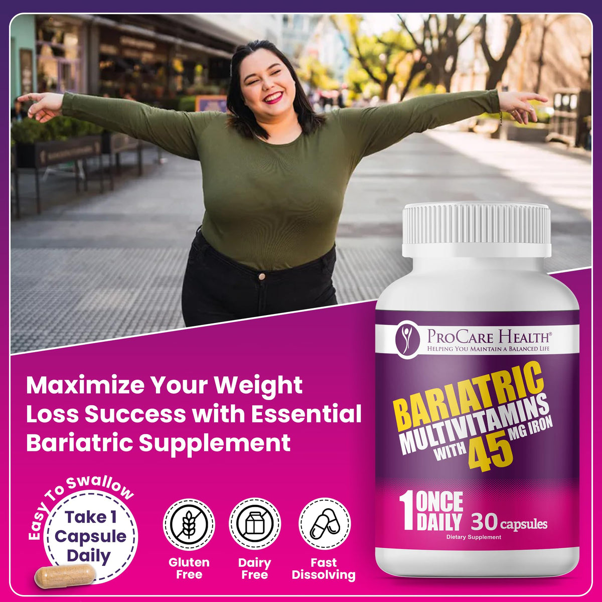 ProCare Health Bariatric Multivitamin 45mg Iron – Once Daily Capsule for Gastric Bypass, Sleeve & Post-Op Support – 90 Easy-to-Swallow Capsules, 3-Month Supply, No Artificial Colors, Gluten-Free