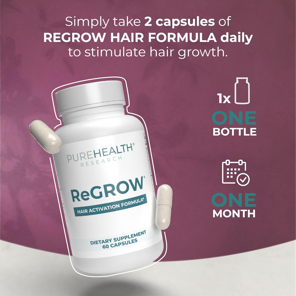 PUREHEALTH RESEARCH ReGrow Hair Growth Vitamins – Biotin, Saw Palmetto & Collagen – 60 Capsules