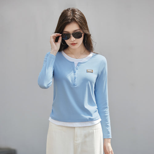 Color blocked fake two piece long sleeved T-shirt for women