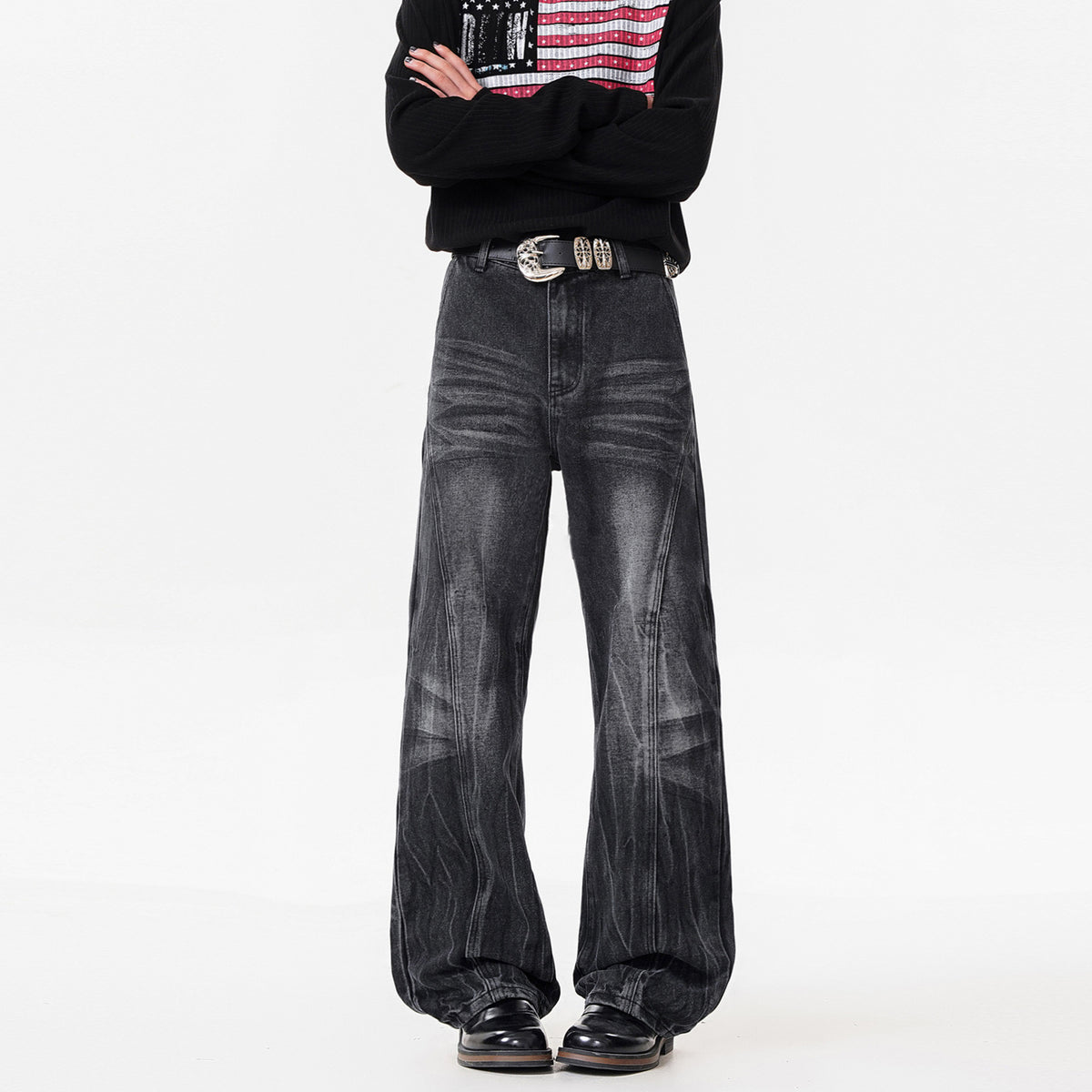 Retro Washed Distressed Flared Jeans Men