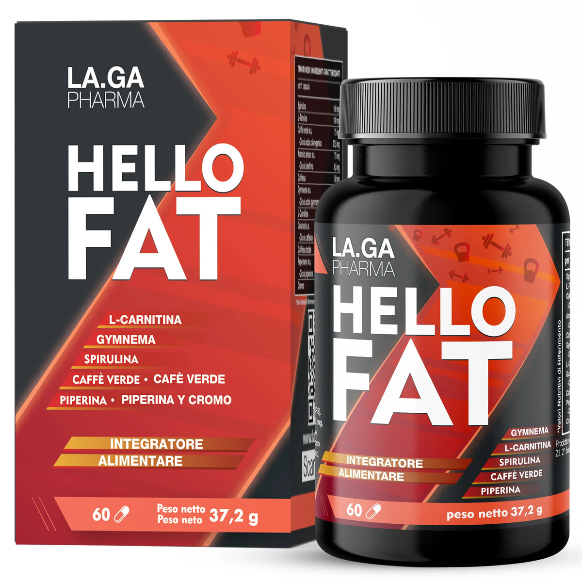 HelloFat©Burn Fat Supplement with Spirulina, L-Tyrosine, Bitter Orange, Piperina, Chrome. Slimming, Thermogenic, Draining for Men and Women, Complete Formula, 60 Capsules Made in Italy, 2 Months | LAGA Pharma. LAGA Healthy.
