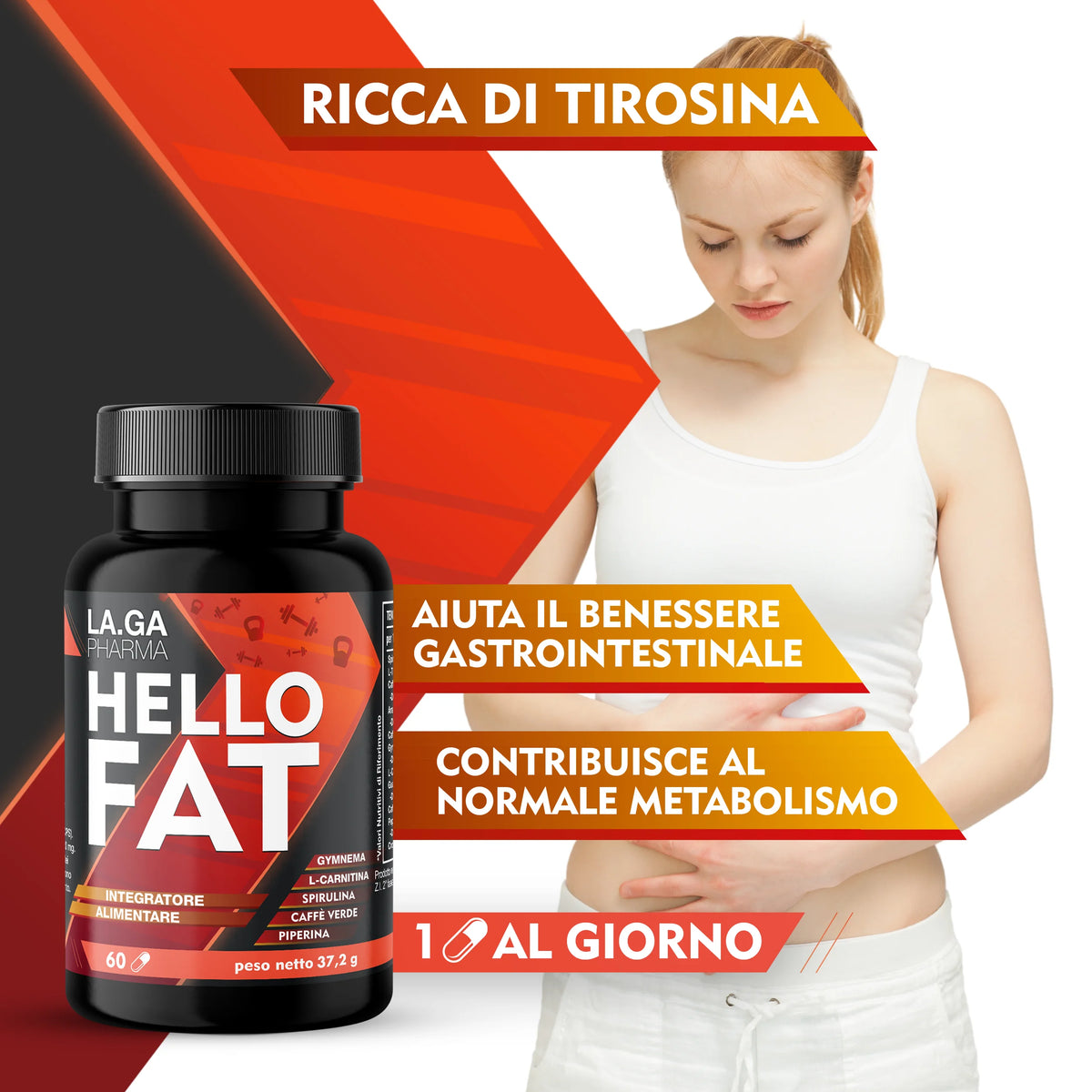 HelloFat©Burn Fat Supplement with Spirulina, L-Tyrosine, Bitter Orange, Piperina, Chrome. Slimming, Thermogenic, Draining for Men and Women, Complete Formula, 60 Capsules Made in Italy, 2 Months | LAGA Pharma. LAGA Healthy.
