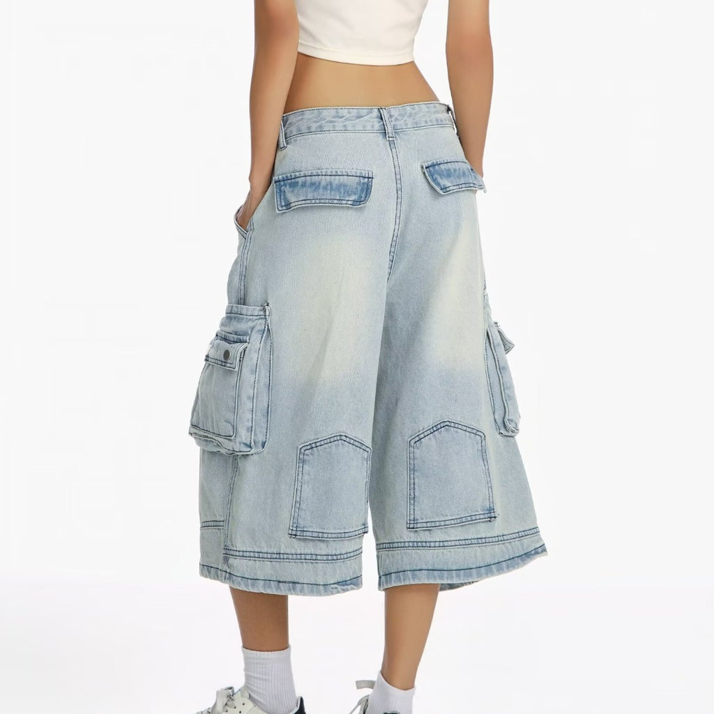 Washed Distressed Wide-Leg Denim Shorts Men