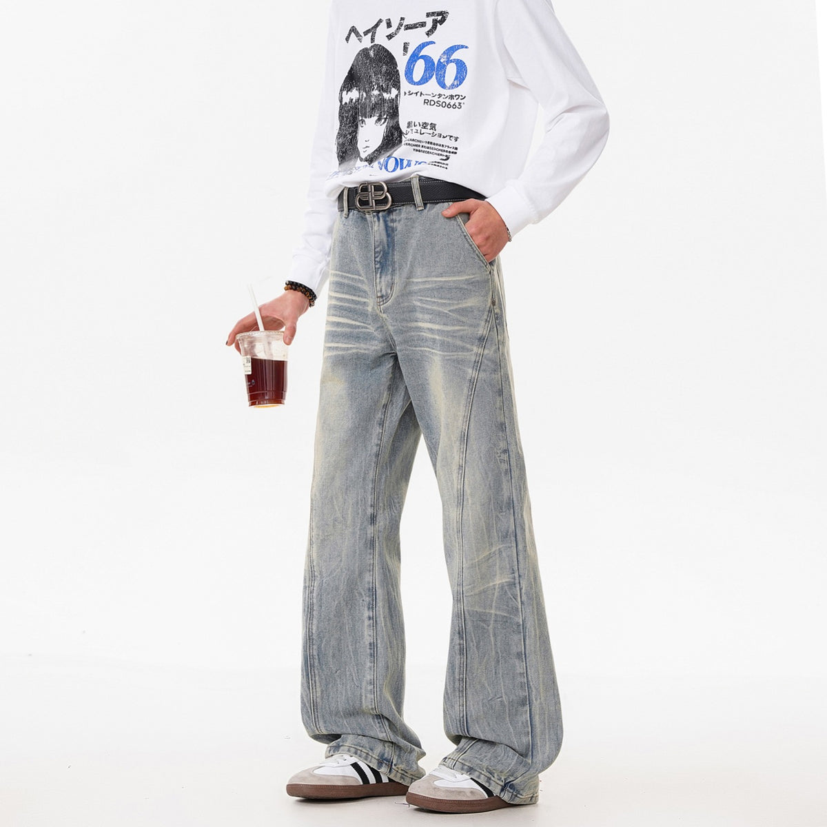 Retro Washed Distressed Flared Jeans Men