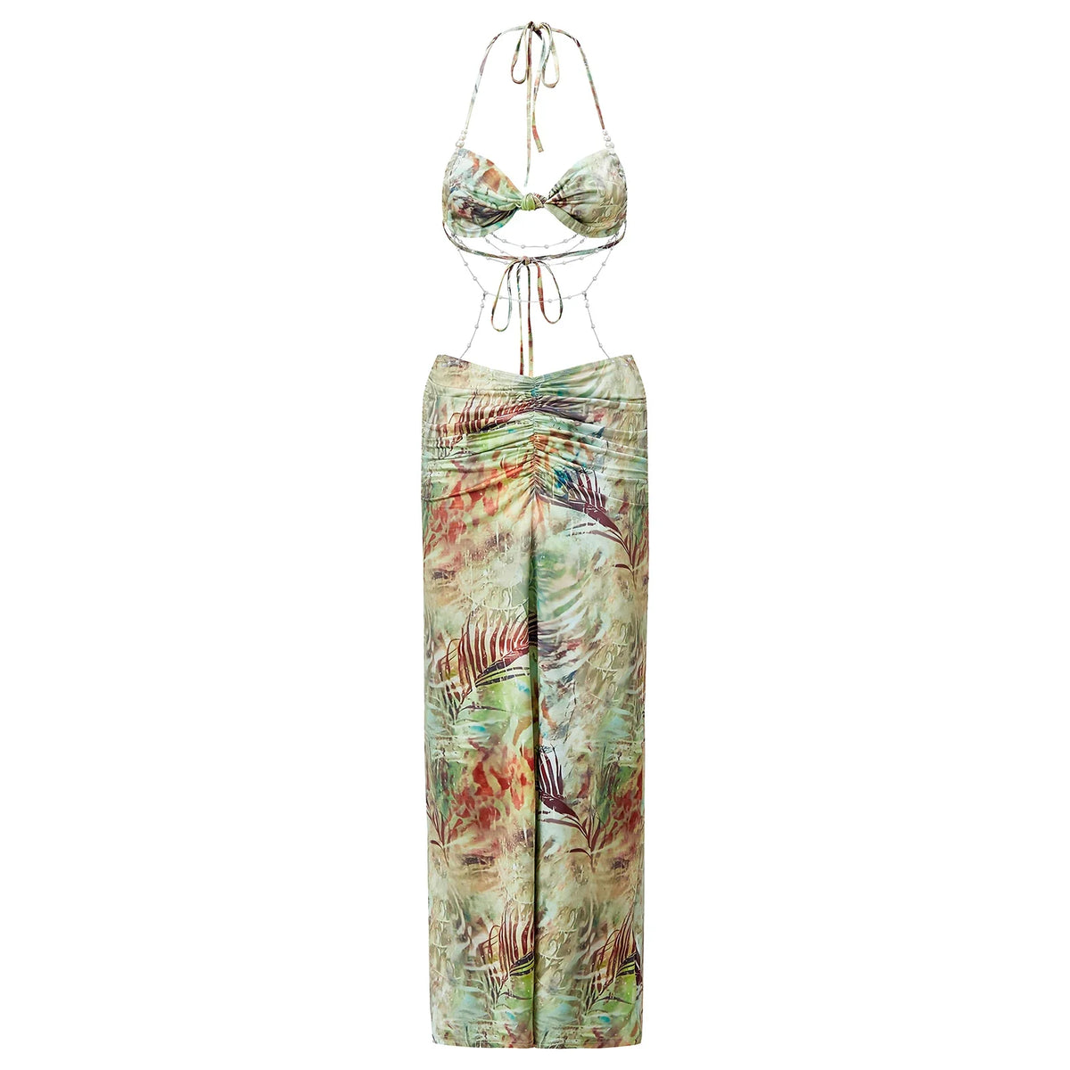 Women Tie-dye Printed Summer Party Club Halter Long Dress Backless Deep V Neck Sleeveless Bead Chain Bodycon Dresses