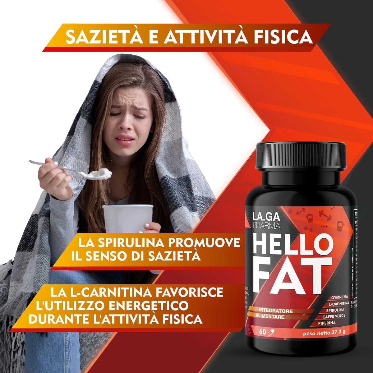 HelloFat©Burn Fat Supplement with Spirulina, L-Tyrosine, Bitter Orange, Piperina, Chrome. Slimming, Thermogenic, Draining for Men and Women, Complete Formula, 60 Capsules Made in Italy, 2 Months | LAGA Pharma. LAGA Healthy.