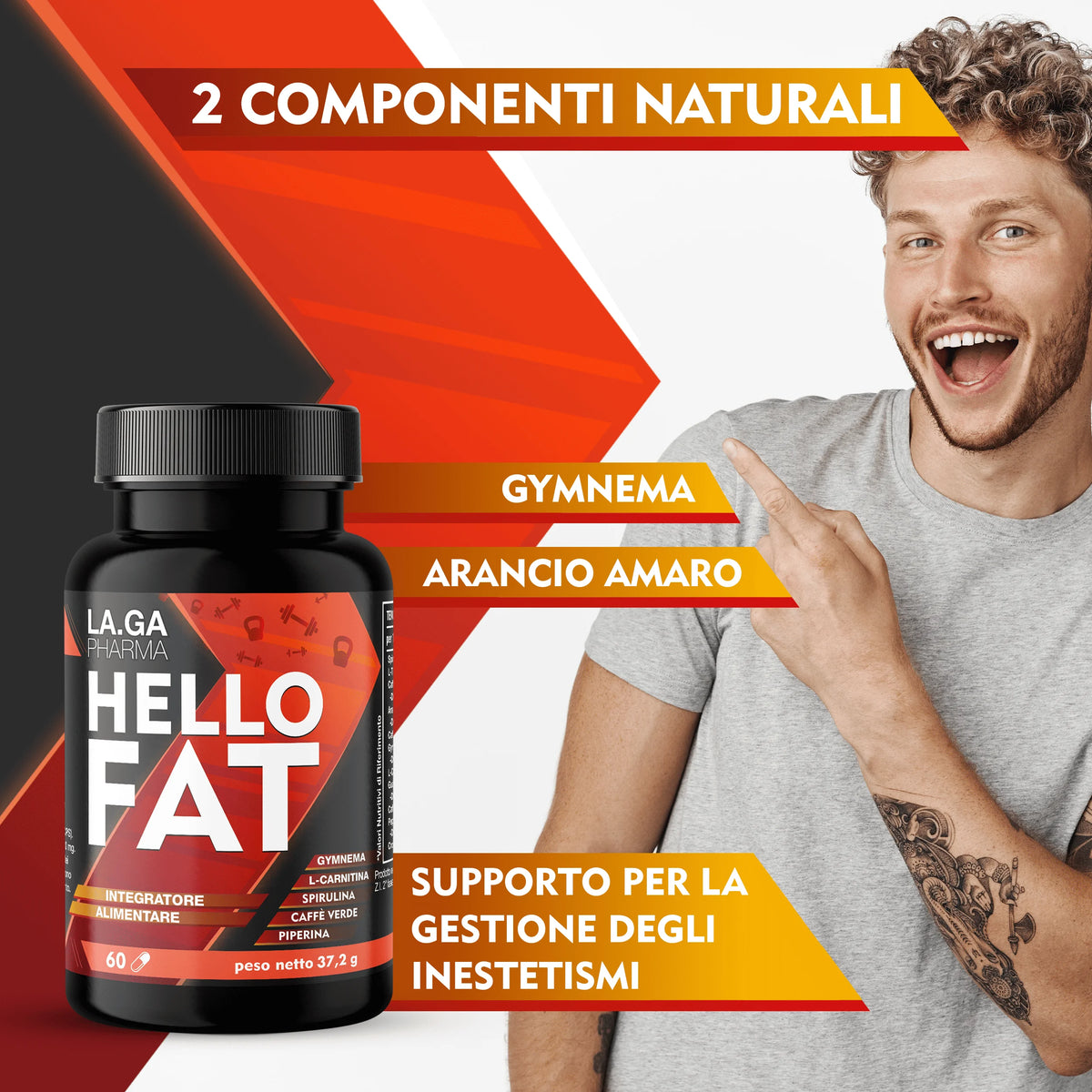 HelloFat©Burn Fat Supplement with Spirulina, L-Tyrosine, Bitter Orange, Piperina, Chrome. Slimming, Thermogenic, Draining for Men and Women, Complete Formula, 60 Capsules Made in Italy, 2 Months | LAGA Pharma. LAGA Healthy.