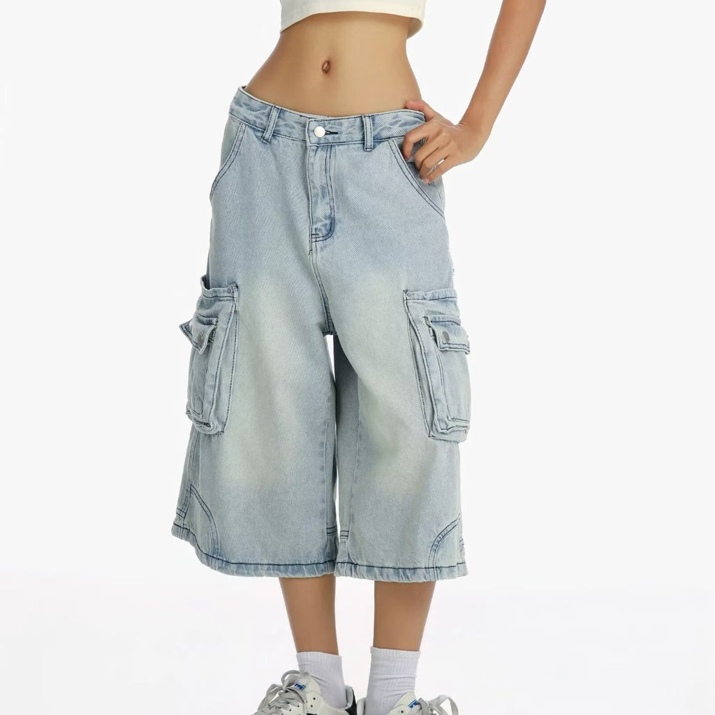 Washed Distressed Wide-Leg Denim Shorts Men