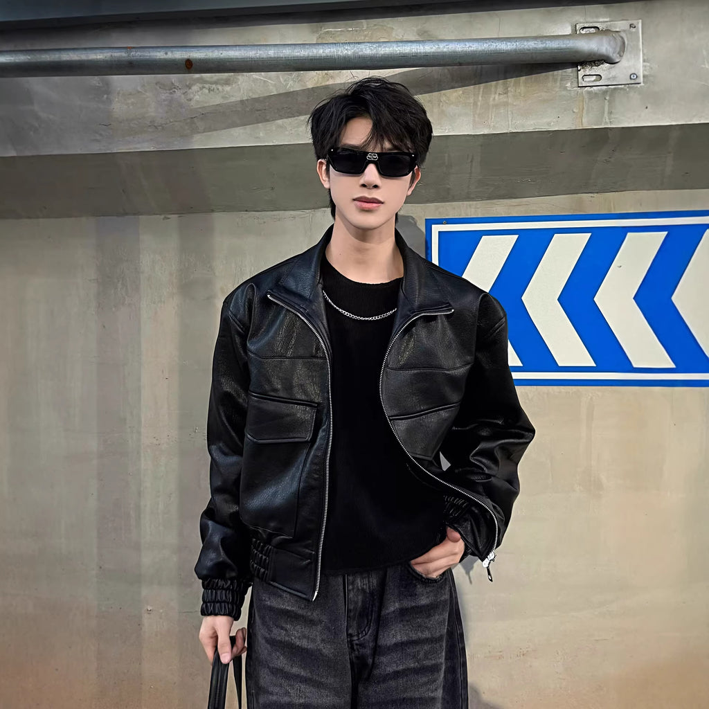 Black short leather jacket for men