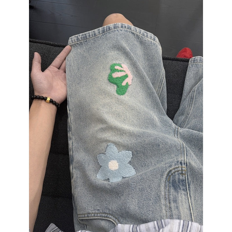Floral Embroidery Denim Shorts for Men