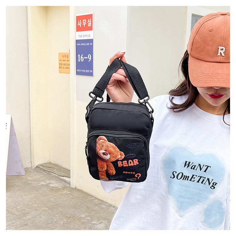 Canvas Bag Women's New Vitality Girl Student Mobile Phone Bag Japanese Cartoon Bear Shoulder Messenger Bag
