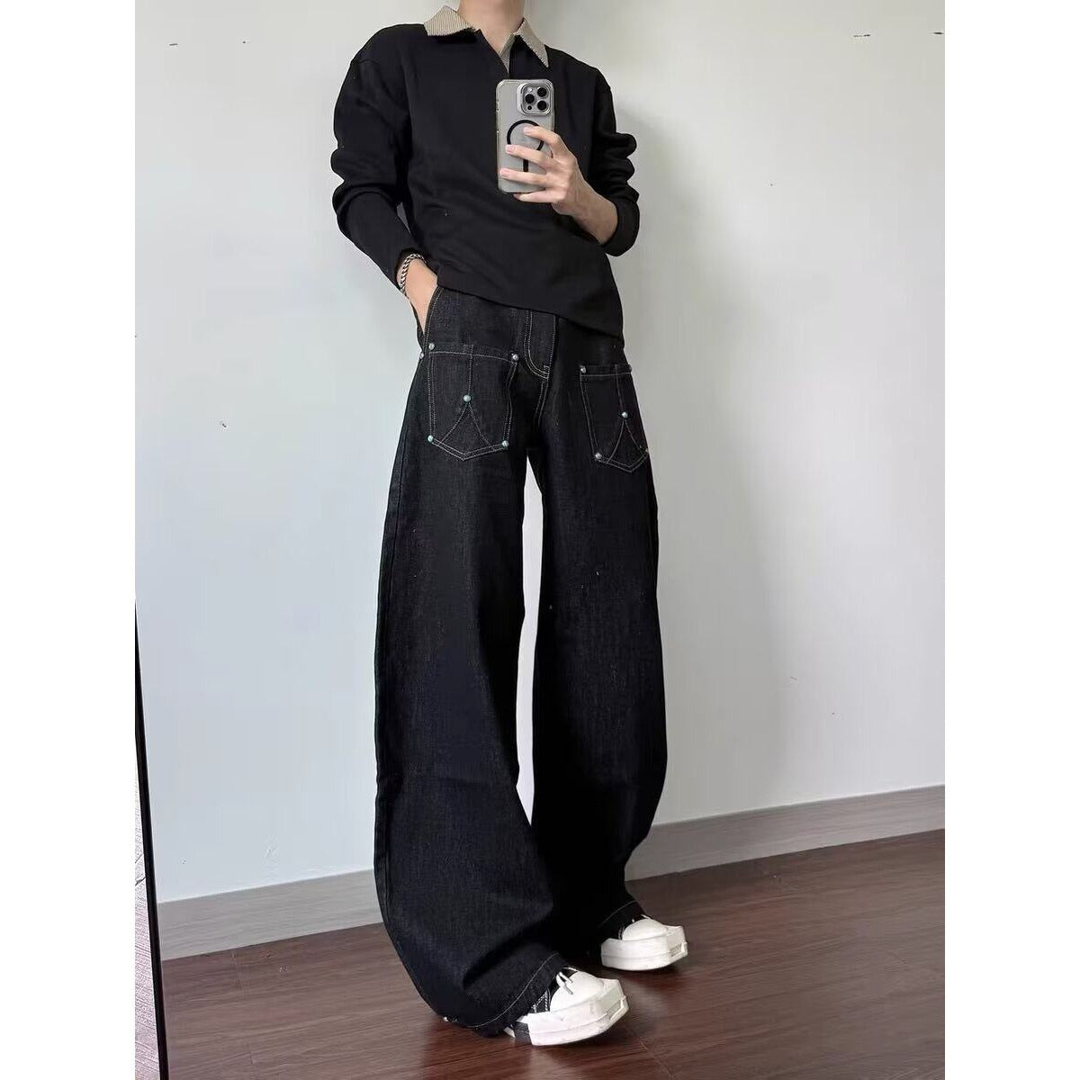 Oversized Black Knife-Edge Denim Pants Men