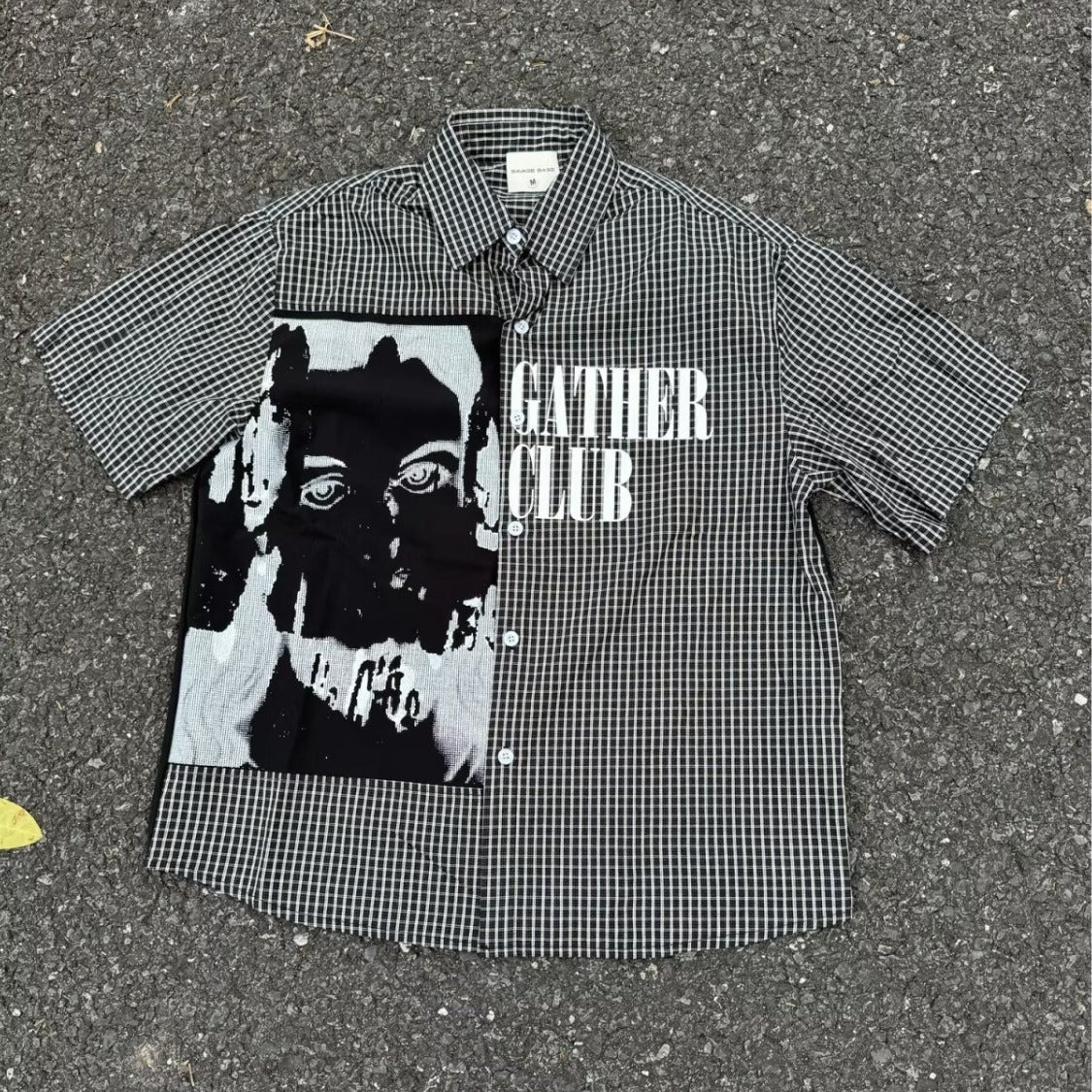 Portrait Patchwork Plaid Short Sleeve Shirt for Men