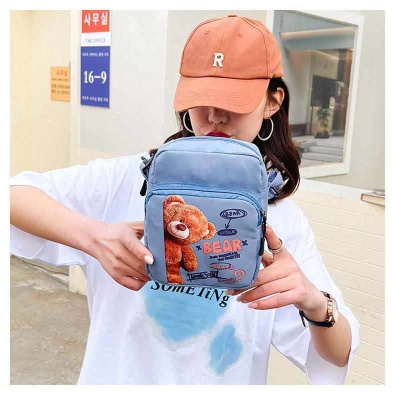 Canvas Bag Women's New Vitality Girl Student Mobile Phone Bag Japanese Cartoon Bear Shoulder Messenger Bag