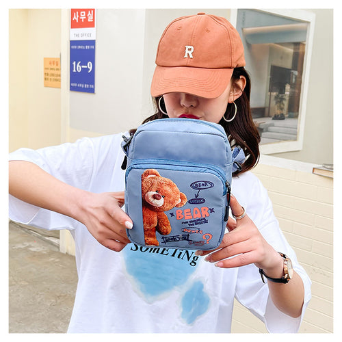 Canvas Bag Women's New Vitality Girl Student Mobile Phone Bag Japanese Cartoon Bear Shoulder Messenger Bag