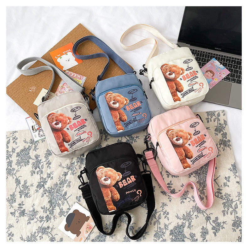 Canvas Bag Women's New Vitality Girl Student Mobile Phone Bag Japanese Cartoon Bear Shoulder Messenger Bag