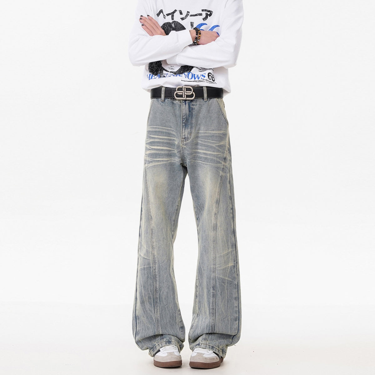 Retro Washed Distressed Flared Jeans Men