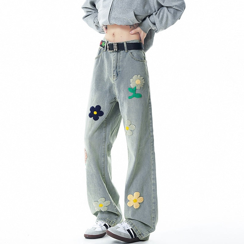 Floral Embroidered Denim Pants for Men