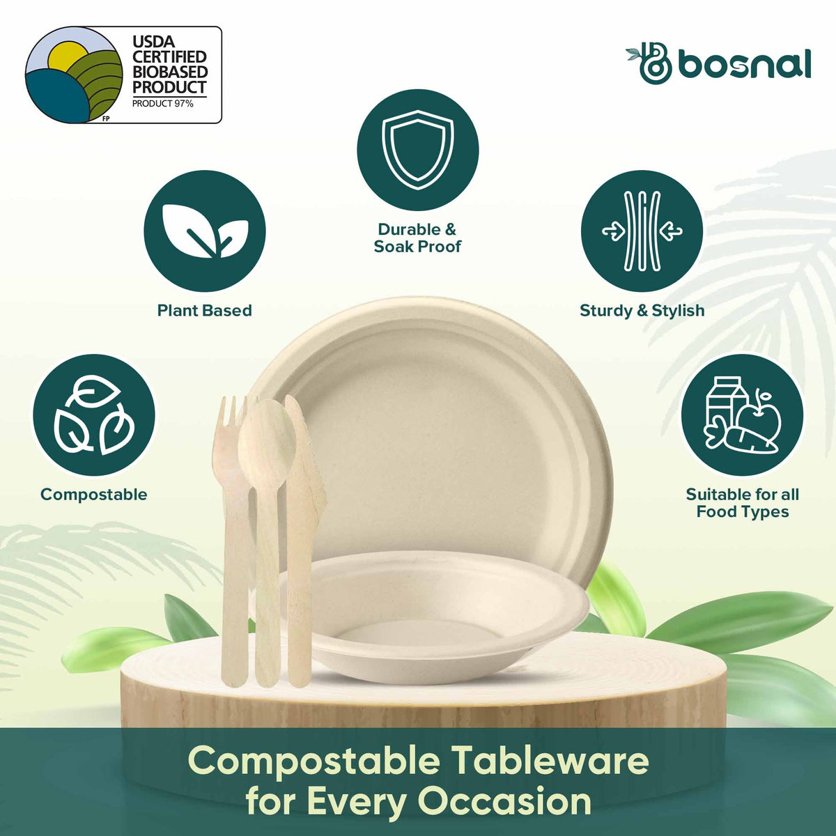 10 Inch Round Plates with 16 Oz Bowls & Cutlery, 100% Plant-Based Sugarcane Bagasse, Compostable, Eco-Friendly, Microwave Safe