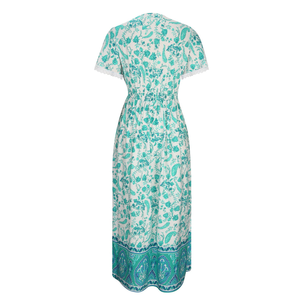Women's Short Sleeve Lace Trim Tie-Waist Bohemian Dress Vacation Beach Dress Floral