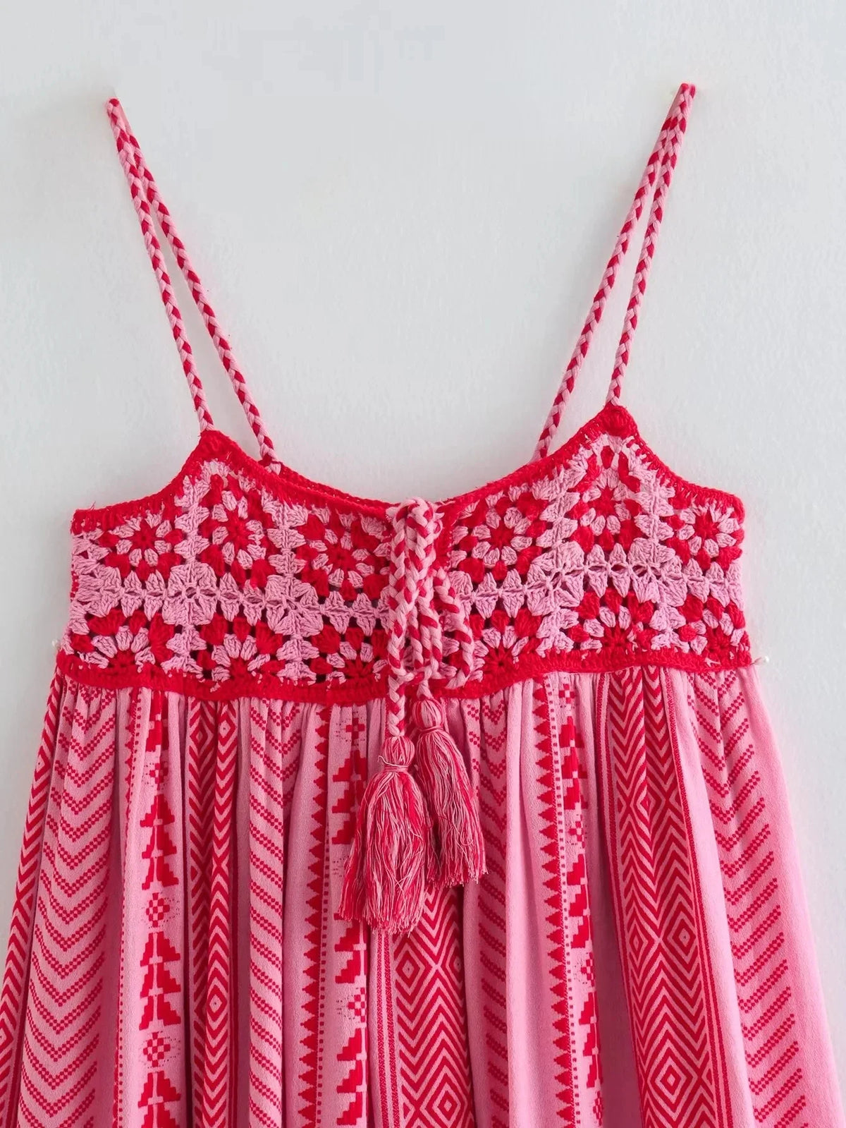 Foridol Crochet Bohemian Summer Dress for Women Spaghetti Strap Red Vintage Tassel Beach Dress Maxi Long Casual Sundress Autumn