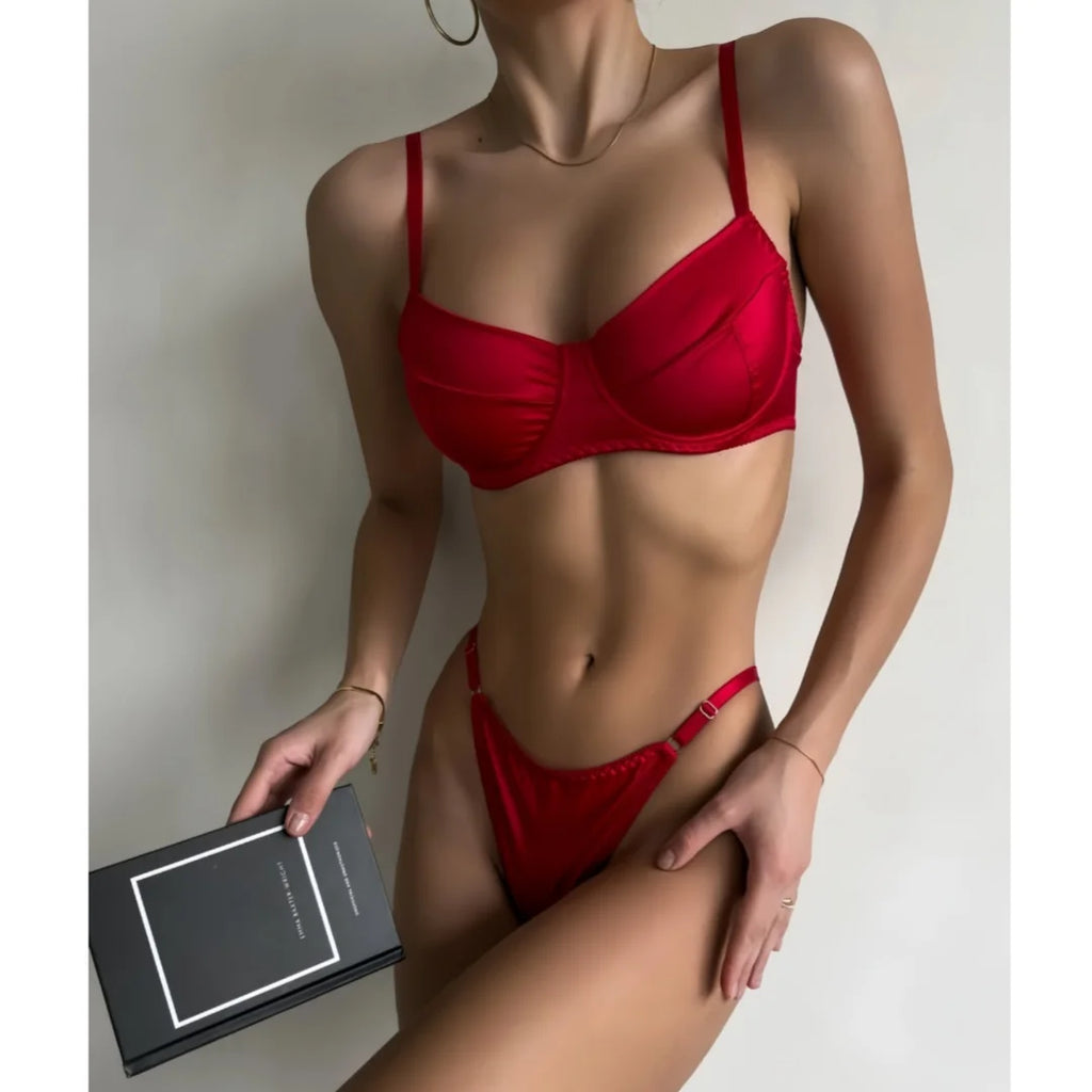 Seamless 2 Pieces Sexy Bra Set Women Satin Lingerie Underwear Patchwork Bras and Thongs Suits Attractive Bilizna Intimate Set