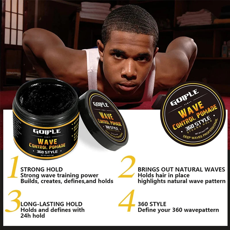 Deep Wave Pomade for Black Men Wave Kit Sport Strong Hold 360 Style Waves Layered Cream Frizz Control Gel Styling Wax with Brush