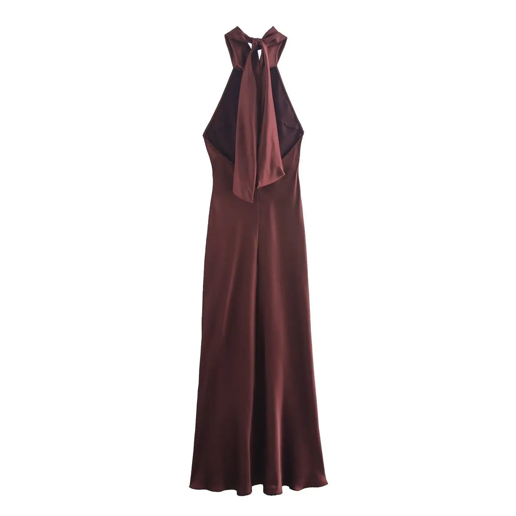 Foridol Halter Satin Dress Women Sexy Backless Burgundy summer spring Dress Elegant Maxi Long Party Dress Christmas Vestidos