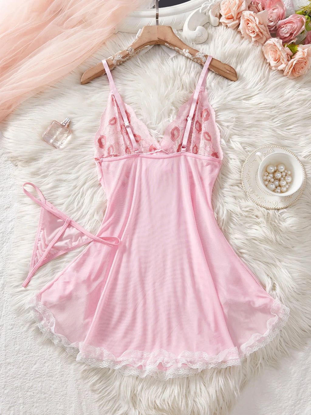 Pink Lips Lingerie Kawaii Intimate Dress Women Lace Nightdress Sleepwear Soft Pajamas With Thongs