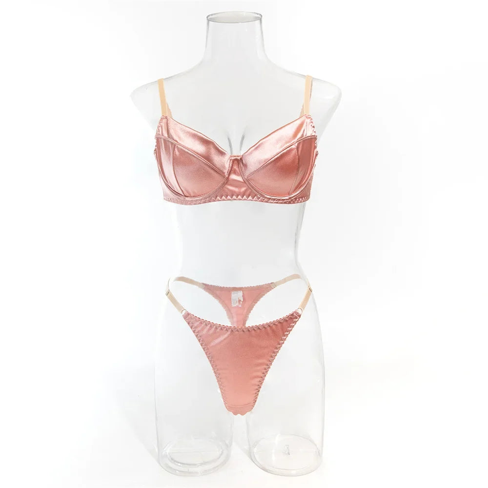 Seamless 2 Pieces Sexy Bra Set Women Satin Lingerie Underwear Patchwork Bras and Thongs Suits Attractive Bilizna Intimate Set