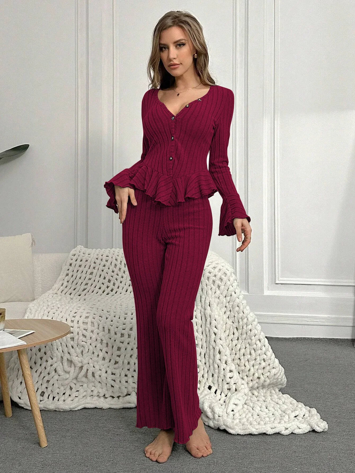 Autumn Winter Two Pieces Pajamas Sets Women Sleepwear Sexy V Neck Long Sleeve Tops and Trousers Set Loungewear Home Clothes