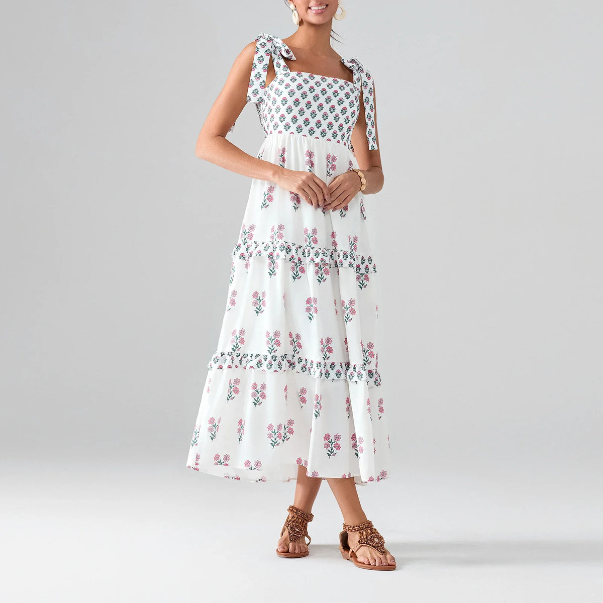 Flower Print Tie Strap Swing Dress Women A-Line Square Neck Tiered Ruffled Summer Bohemian Beach Long Tank Dress