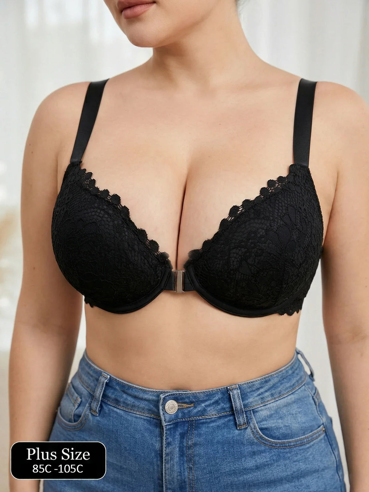 Plus Size Lace Women's Bra Front Closure Push Up Underwire Brassiere Wide Strap Comfortable Thin B C D E Cup Bra Women