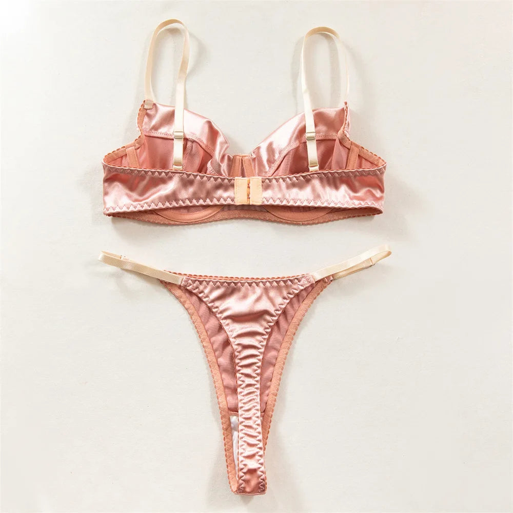 Seamless 2 Pieces Sexy Bra Set Women Satin Lingerie Underwear Patchwork Bras and Thongs Suits Attractive Bilizna Intimate Set