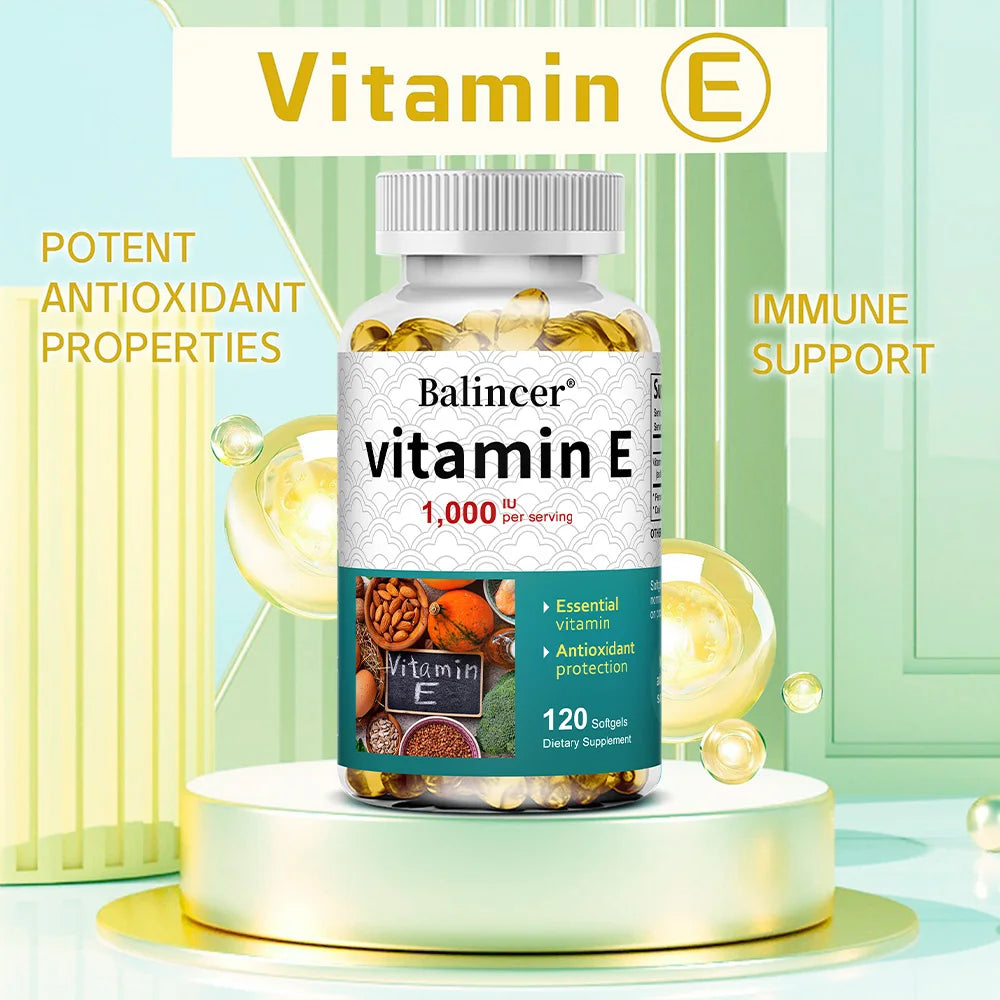 Natural Vitamin E Capsules, Antioxidant Supplement, Support Skin Hair Nail Heart Brain Cardiovascular & Immune System Wellness