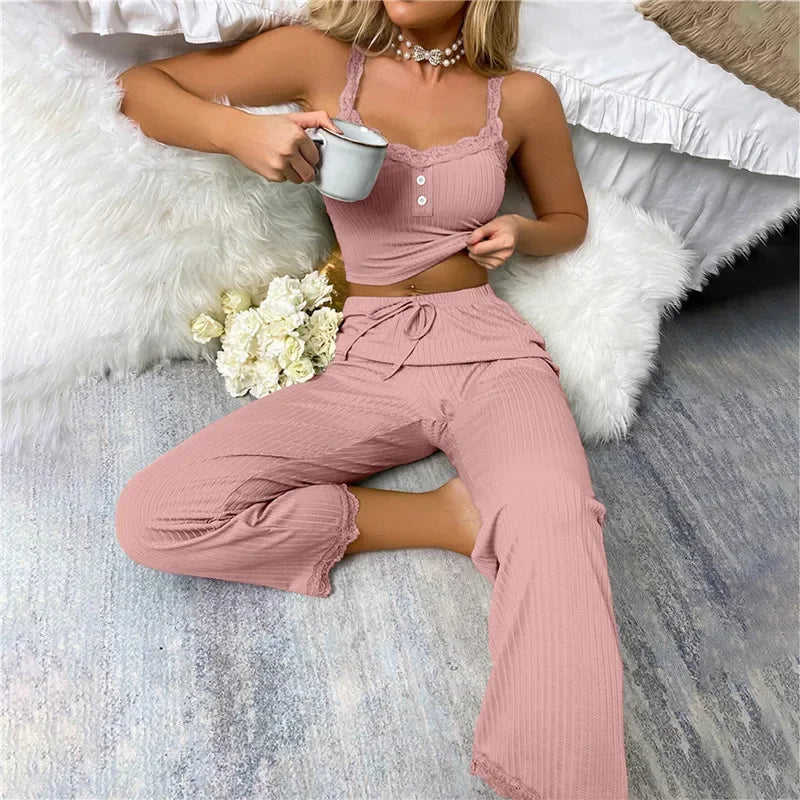 Autumn Winter Two Pieces Pajamas Set for Women Sleepwear Lace Suspenders Tops and Long Trousers Pijamas Loungewear